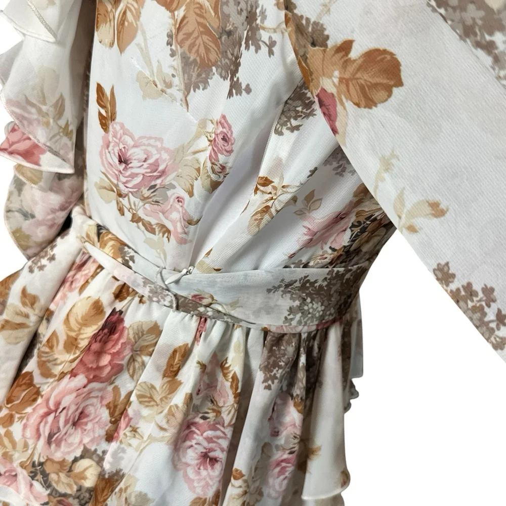 Ronny Kobo Small Palmero Dress Muted Floral Tiered V Neck Ruffles EUC $528